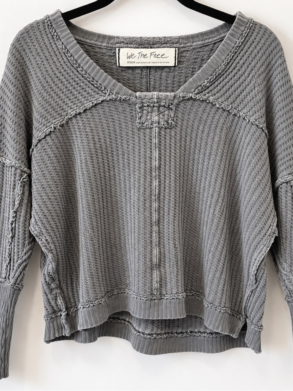 We The Free Free People Gray Waffle Knit Raw Seam Thermal Top Medium